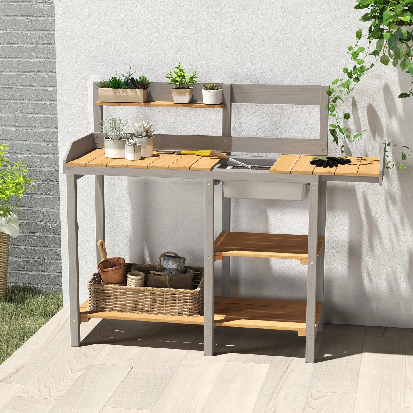 Wooden Potting Bench Table with Sink, Outdoor Garden Table Work Bench with Shelf, Workstation for Outside Patio Lawn