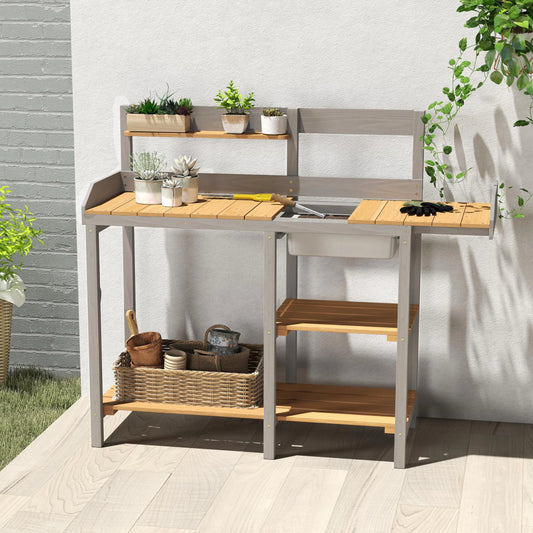 Wooden Potting Bench Table with Sink, Outdoor Garden Table Work Bench with Shelf, Workstation for Outside Patio Lawn