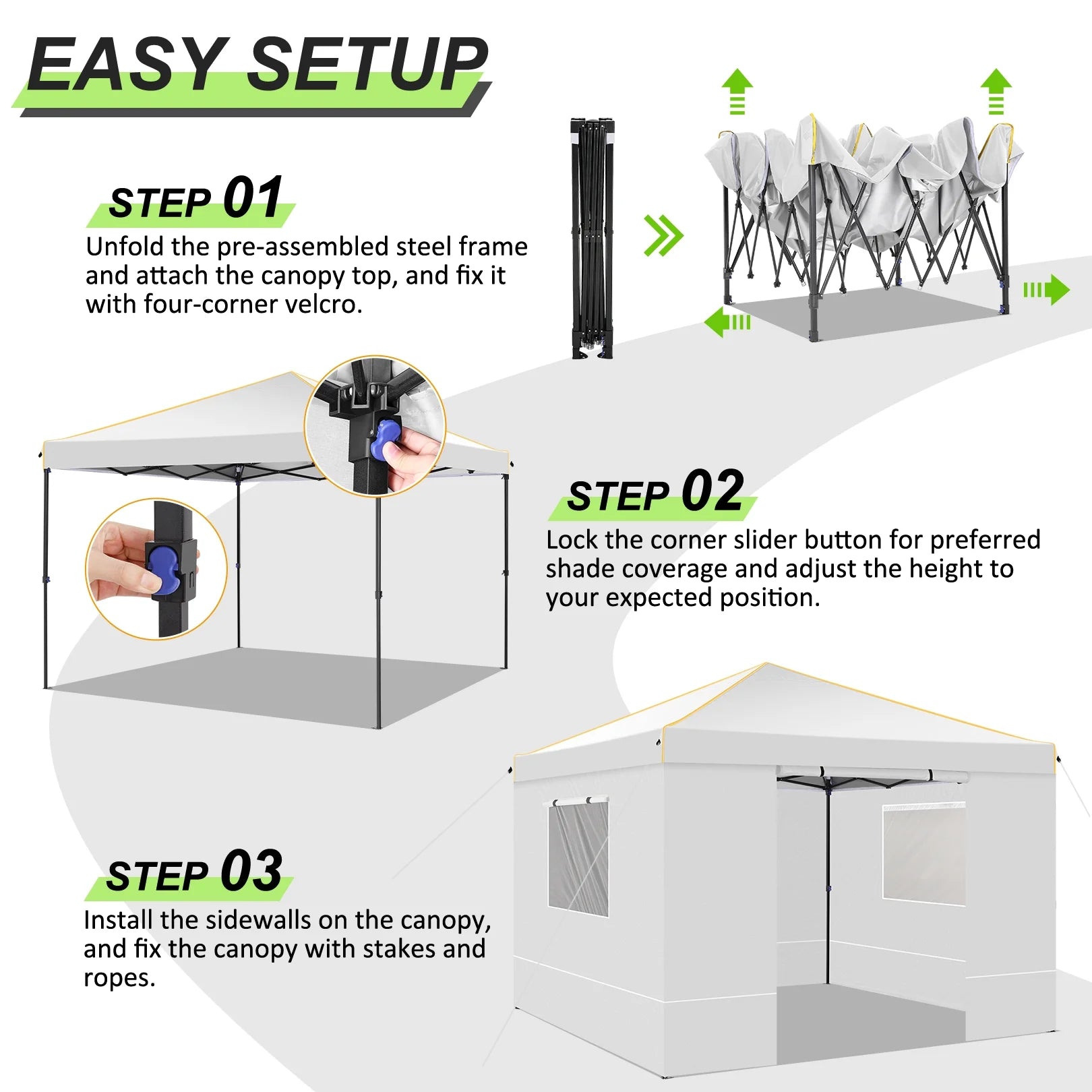 SANOPY 10' x 10' Pop up Canopy Tent with 4 Removable Sidewalls, Outdoor Patio Gazebo Tent with Handbag for Camping, Silver White