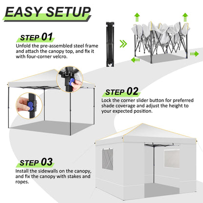SANOPY 10' x 10' Pop up Canopy Tent with 4 Removable Sidewalls, Outdoor Patio Gazebo Tent with Handbag for Camping, Silver White