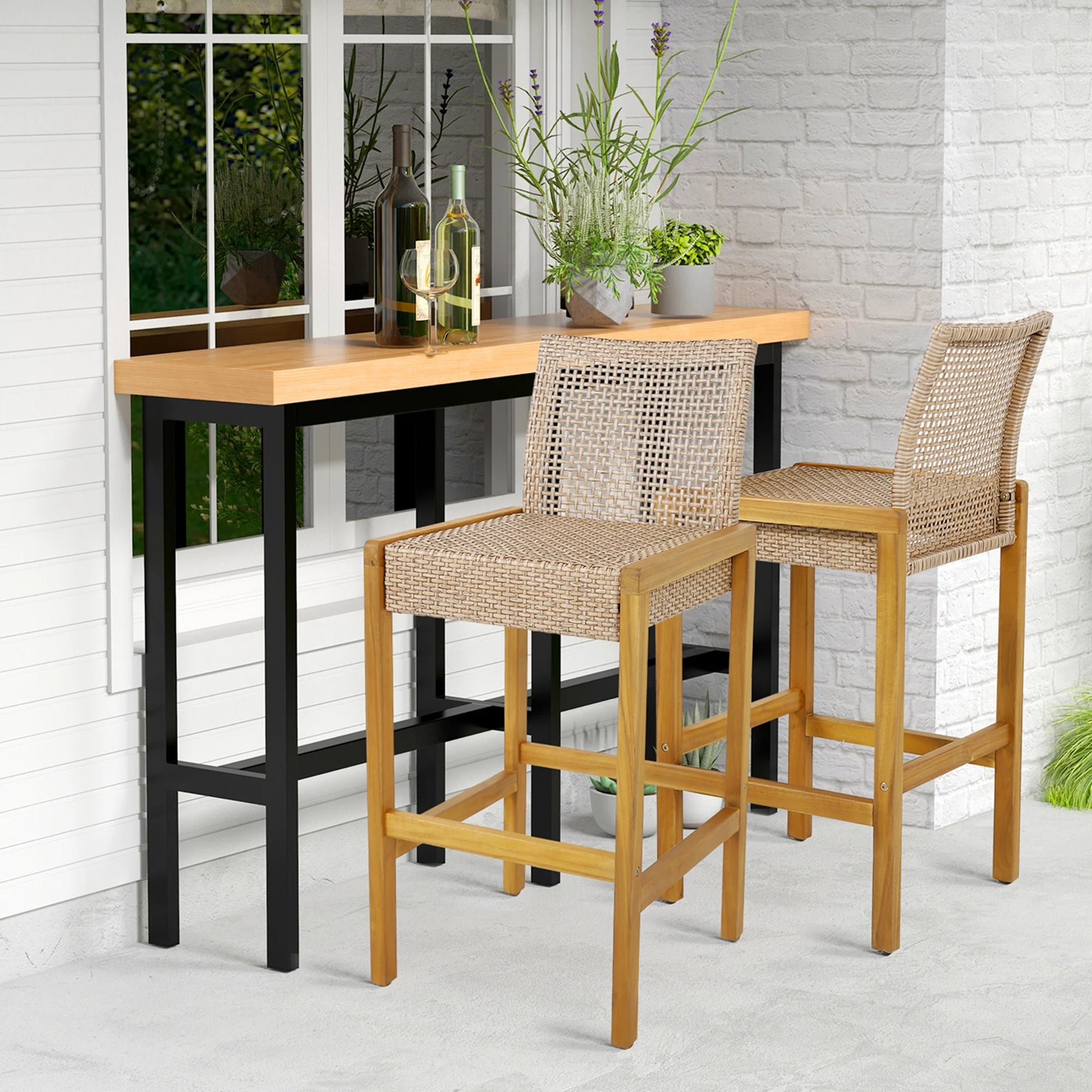 Costway Set of 2 Patio Wood Barstools Rattan Bar Height Chairs with Backrest Porch Balcony