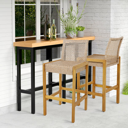 Costway Set of 2 Patio Wood Barstools Rattan Bar Height Chairs with Backrest Porch Balcony