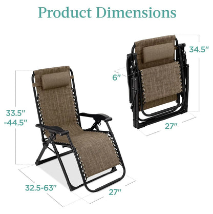 Oversized Chair, Folding Outdoor Patio Recliner, XL Anti Gravity Lounger w/Removable Cushion, Cup Holder, Side Tray, 350lb Capacity - Taupe