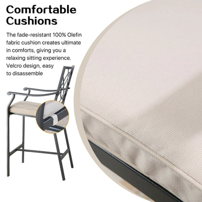 Ulax Furniture Outdoor Bar Stools Metal Patio Counter Height Bar Stool Chairs with Beige Cushion, Set of 2