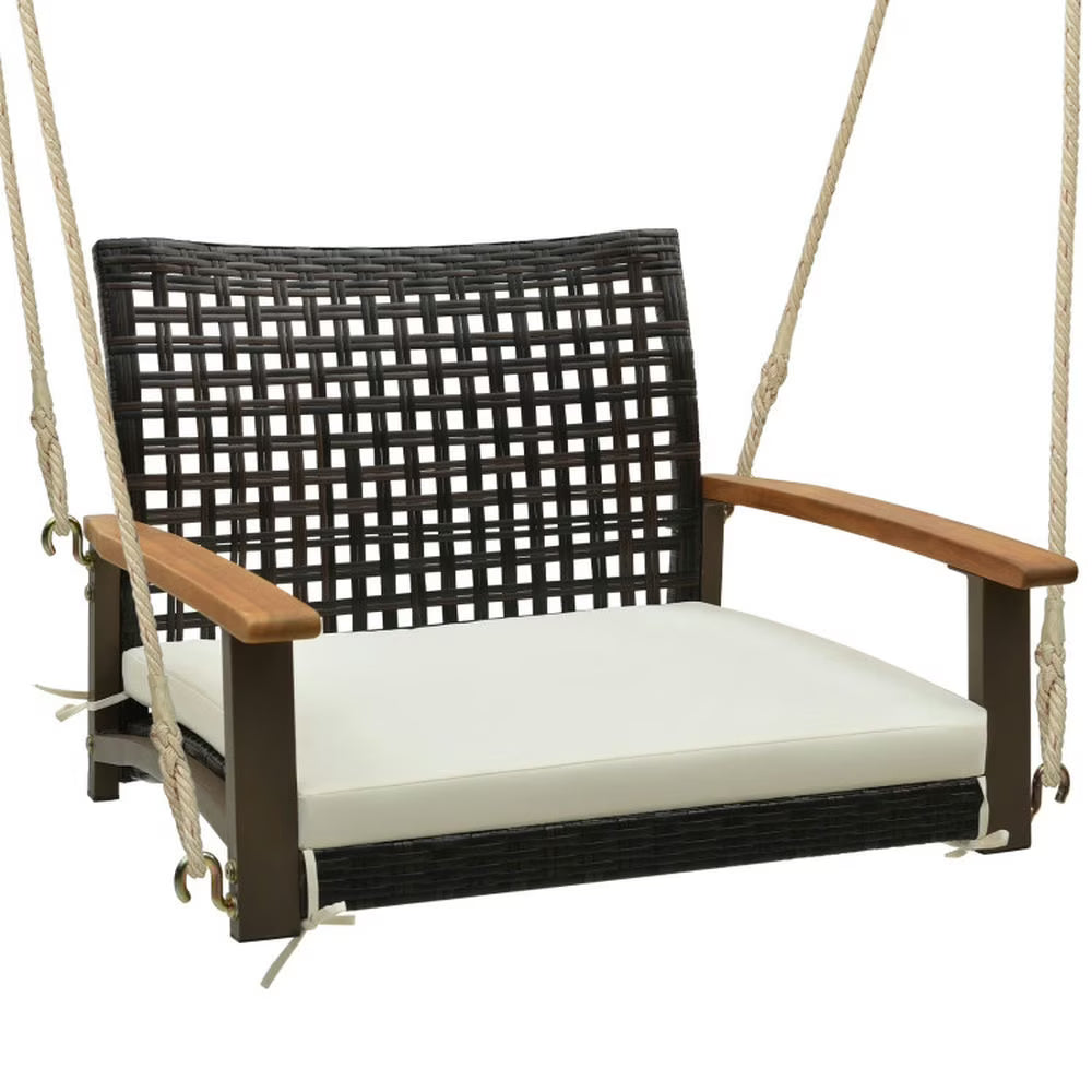 Spaco Single Rattan Porch Swing, Porch Swing with Armrests Cushion and Hanging Ropes, Durable Bench Swing for Outdoor as Garden, Patio, White