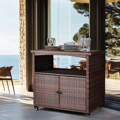 Zimtown Outdoor Patio Ratten Bar Counter Table w/Handrai and 2 Doors, 4 Wheel Water-proof Wicker Bar Table, Storage Cabinet Cart, Brown