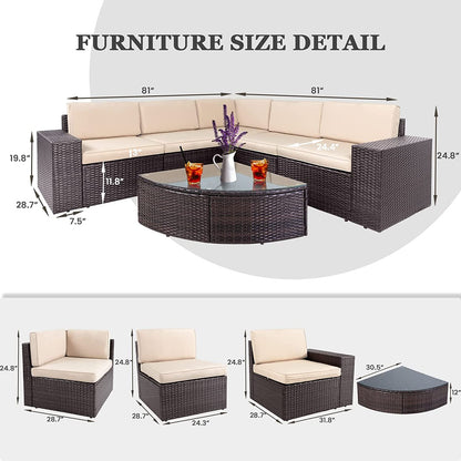 SOLAURA 6-Piece Patio Furniture Outdoor Conversation Set Patio All-Weather Wicker Sectional Sofa with Glass Coffee Table and Brown Cushions