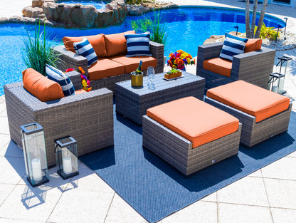 Sorrento 6-Piece M Resin Wicker Outdoor Patio Furniture Lounge Sofa Set in Gray w/Loveseat, Two Armchairs, Two Ottomans, and Coffee Table (Flat-Weave Gray Wicker, Polyester Light Gray)