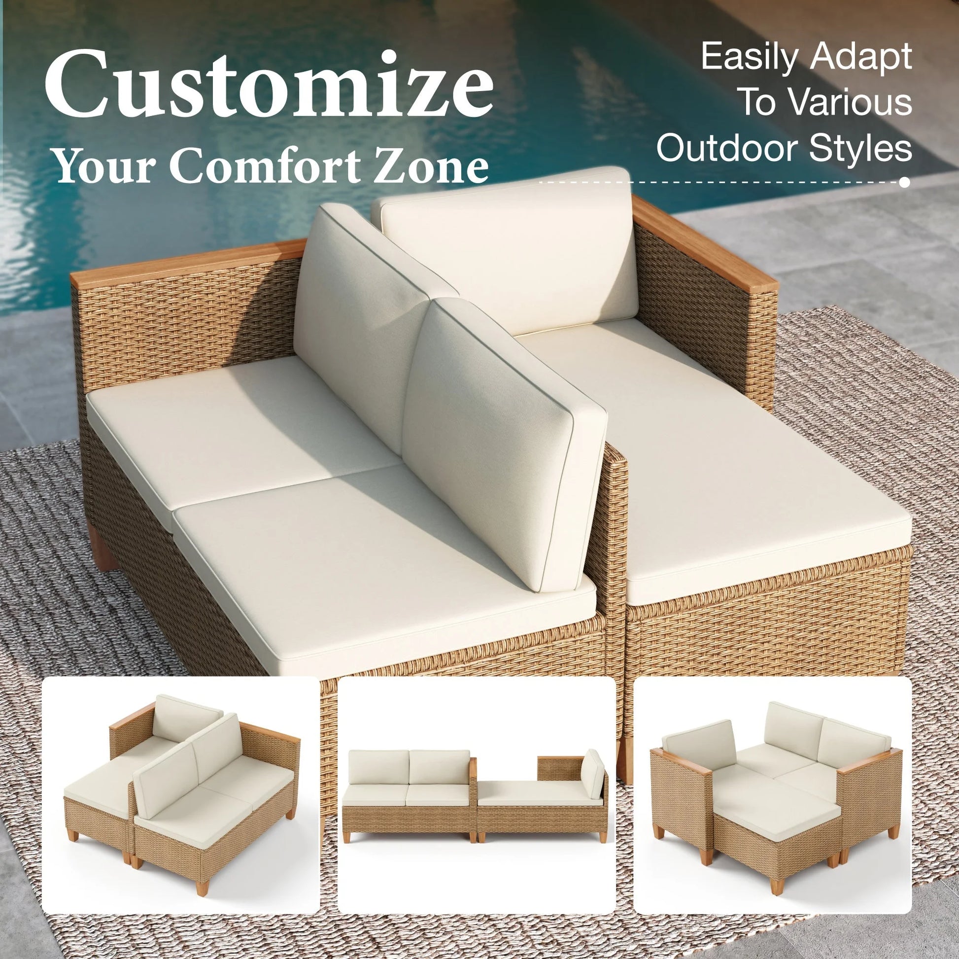 MF Studio 3-Piece Patio Furniture Conversation Set, All-Weather Wicker Outdoor Sectional Sofa Set with Table & Cushions, Beige