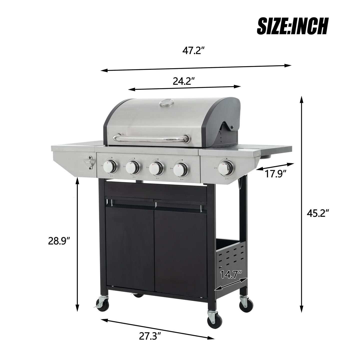Propane Gas BBQ Grill with Side Burner 42,000 BTU Output Stainless Steel 4-Burners for Outdoor Cooking Kitchen Patio Backyard Barbecue, Silver