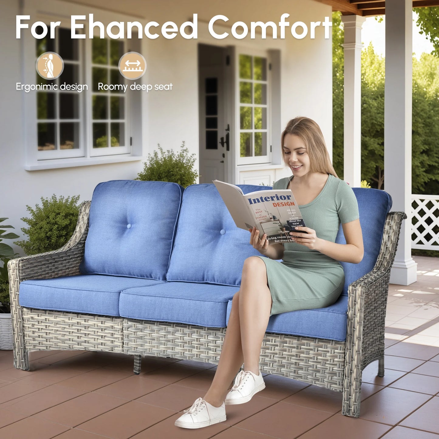 Vcatnet 6 Pieces Outdoor Patio Furniture All Weather Wicker High-Back Conversation Set with Fire Pit Table and Ottoman,Diamond Blue