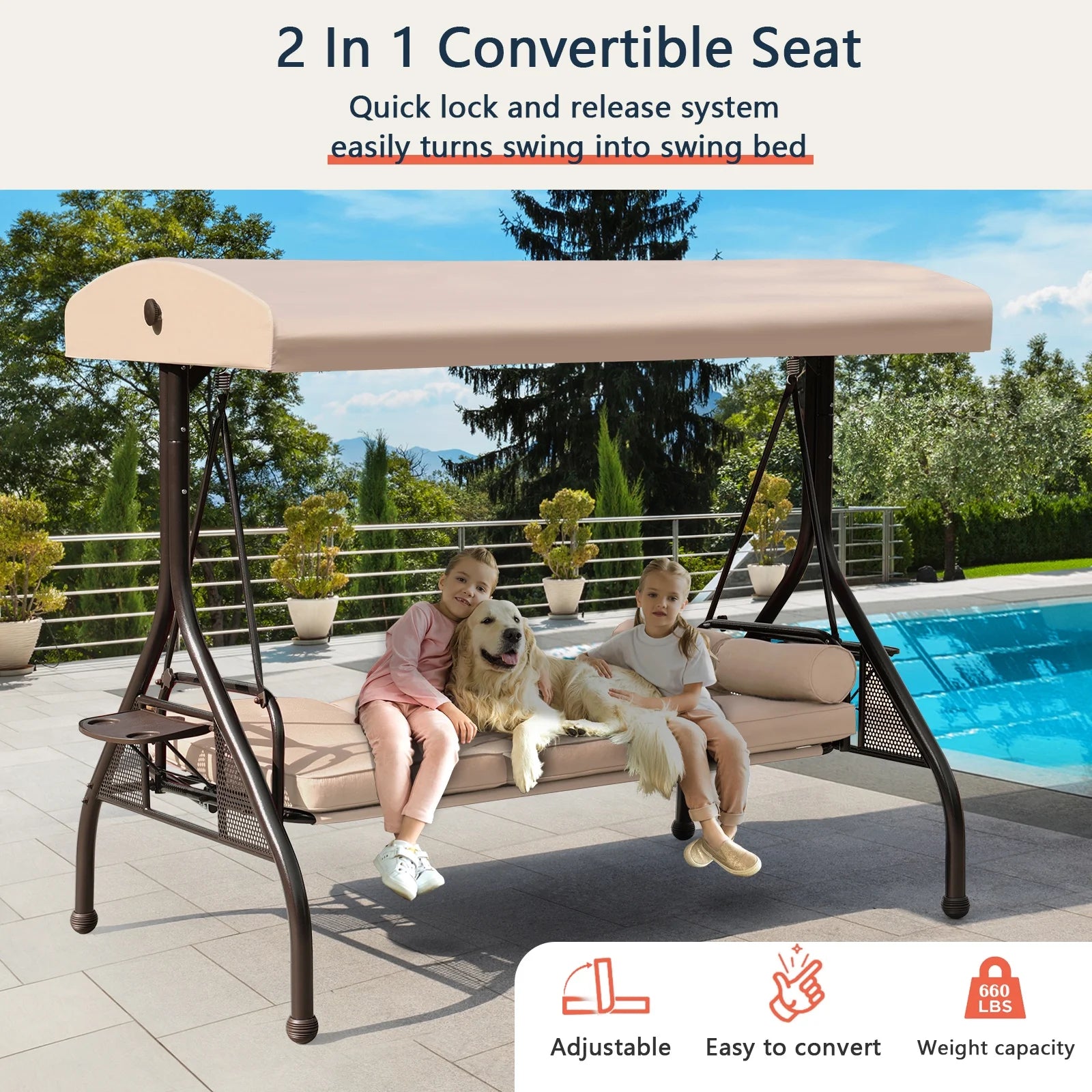 NOBLEMOOD 3-Seat Patio Porch Swing with Adjustable Canopy, Thickened Cushion & Foldable Tray, Red