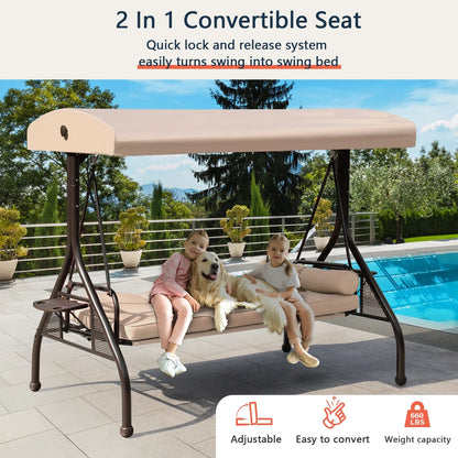 NOBLEMOOD 3-Seat Patio Porch Swing with Adjustable Canopy, Thickened Cushion & Foldable Tray, Red