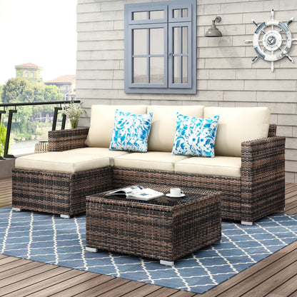 SUNTONE Patio Sectional Set - 3 Pieces Outdoor Conversation Set Wicker Rattan Outdoor Furniture Sofa with Table, Beige