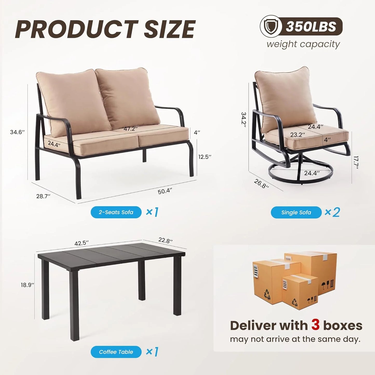 Farini Patio Furniture Set, 4 Piece Outdoor Patio Furniture Set, 2 x Outdoor Swivel Chair, 1 x 2-Seats Sofa and 1 x Coffee Table, Metal Conversation Set for Porch, Balcony, and Backyard