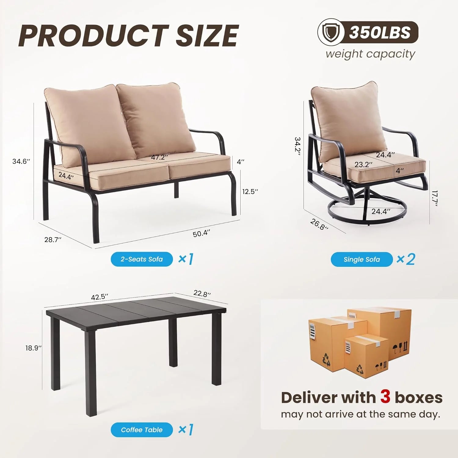 Farini Patio Furniture Set, 4 Piece Outdoor Patio Furniture Set, 2 x Outdoor Swivel Chair, 1 x 2-Seats Sofa and 1 x Coffee Table, Metal Conversation Set for Porch, Balcony, and Backyard