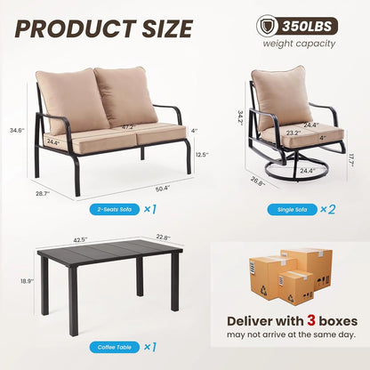 Farini Patio Furniture Set, 4 Piece Outdoor Patio Furniture Set, 2 x Outdoor Swivel Chair, 1 x 2-Seats Sofa and 1 x Coffee Table, Metal Conversation Set for Porch, Balcony, and Backyard
