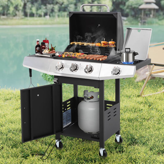 40000 BTU Propane Gas Grill, 3 Burner Barbecue Grill with Side Burner, Built-in Thermometer and 2-in-1 Side Table, Portable Stainless Steel Grill for Outdoor BBQ, Camping, Patio