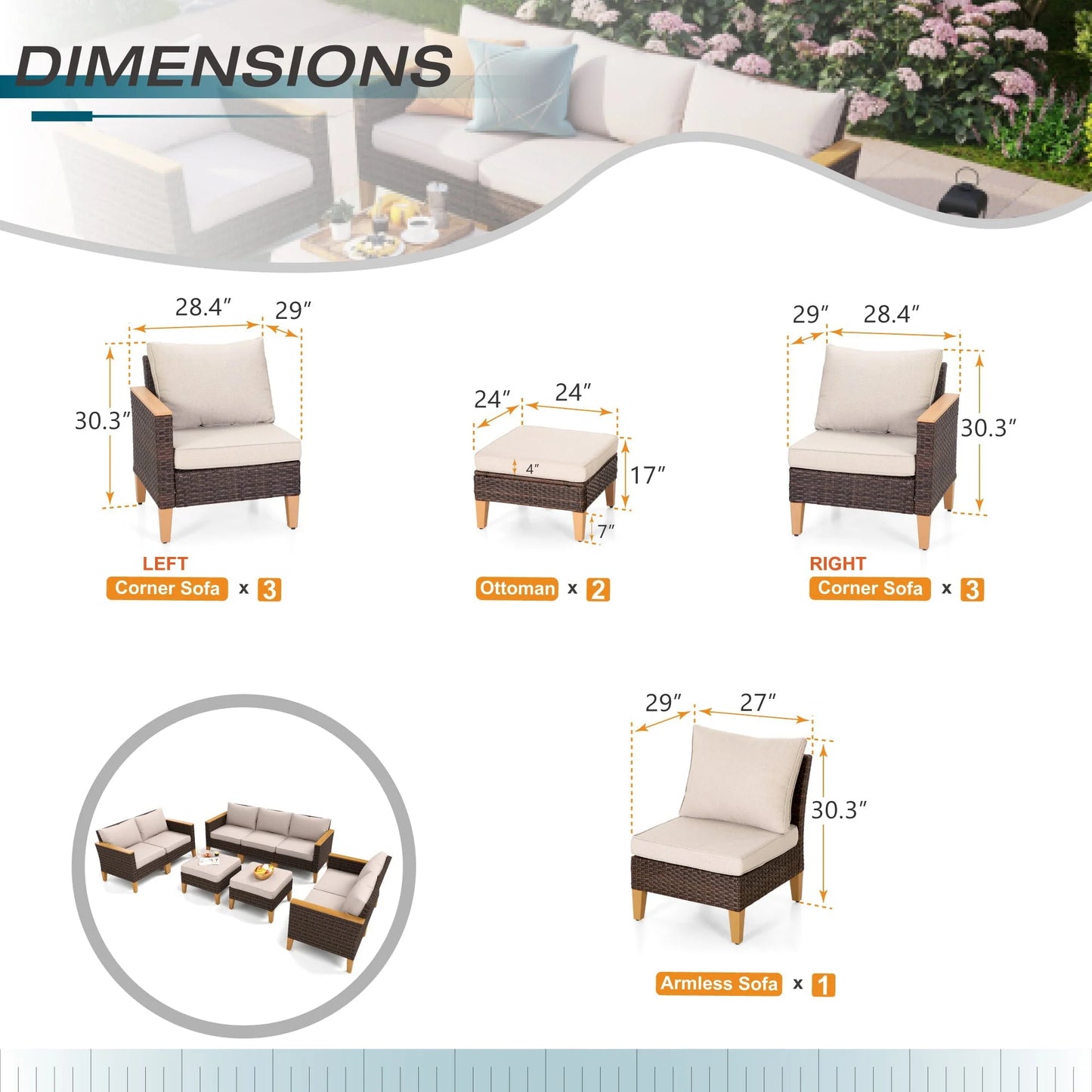 Sophia & William 9 Piece Outdoor Wicker Patio Conversation Sofa Set Outdoor Sectionals