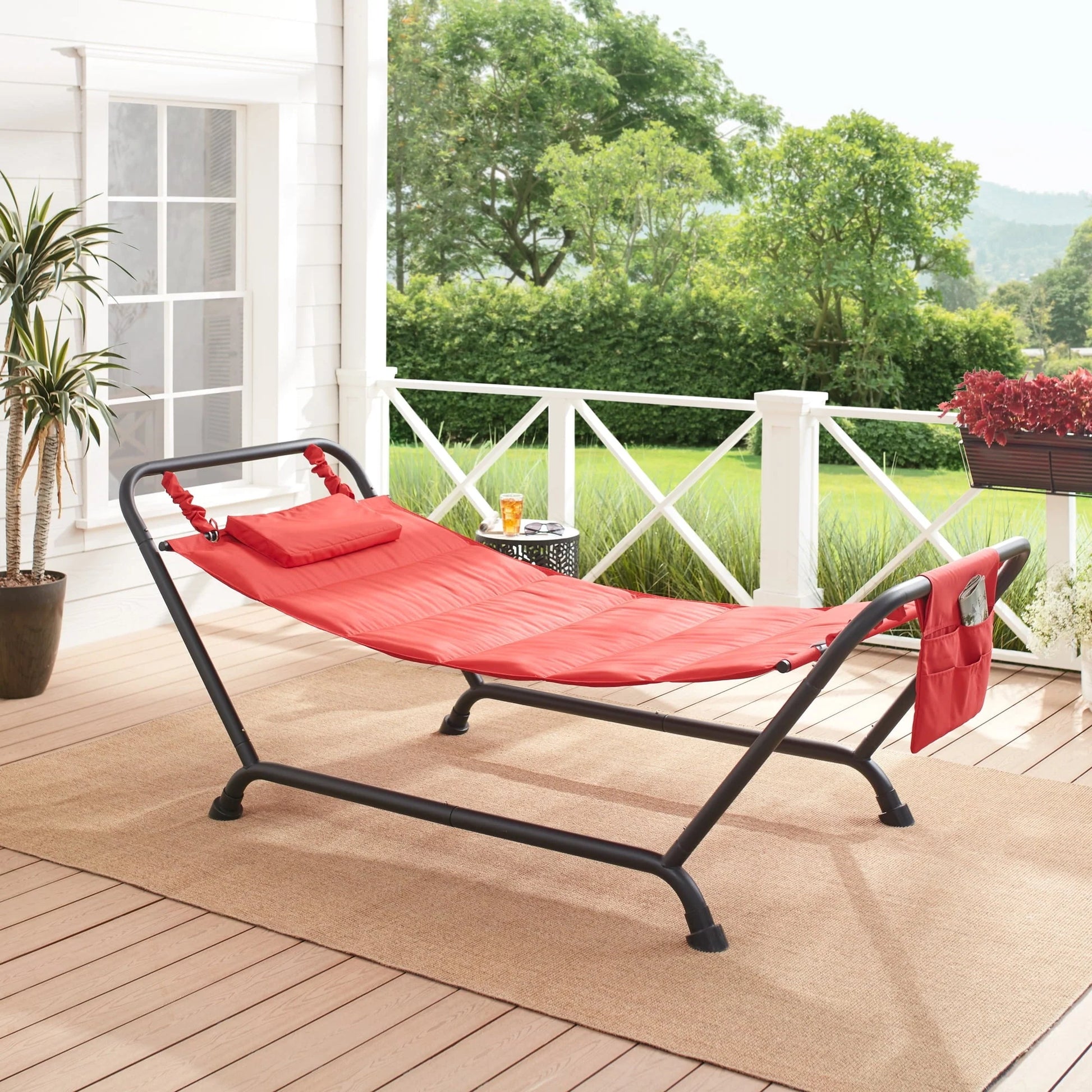 Mainstays Belden Park Polyester Hammock with Stand and Pillow for Outdoor Patio, Multi color, Assembled Length 90.55"