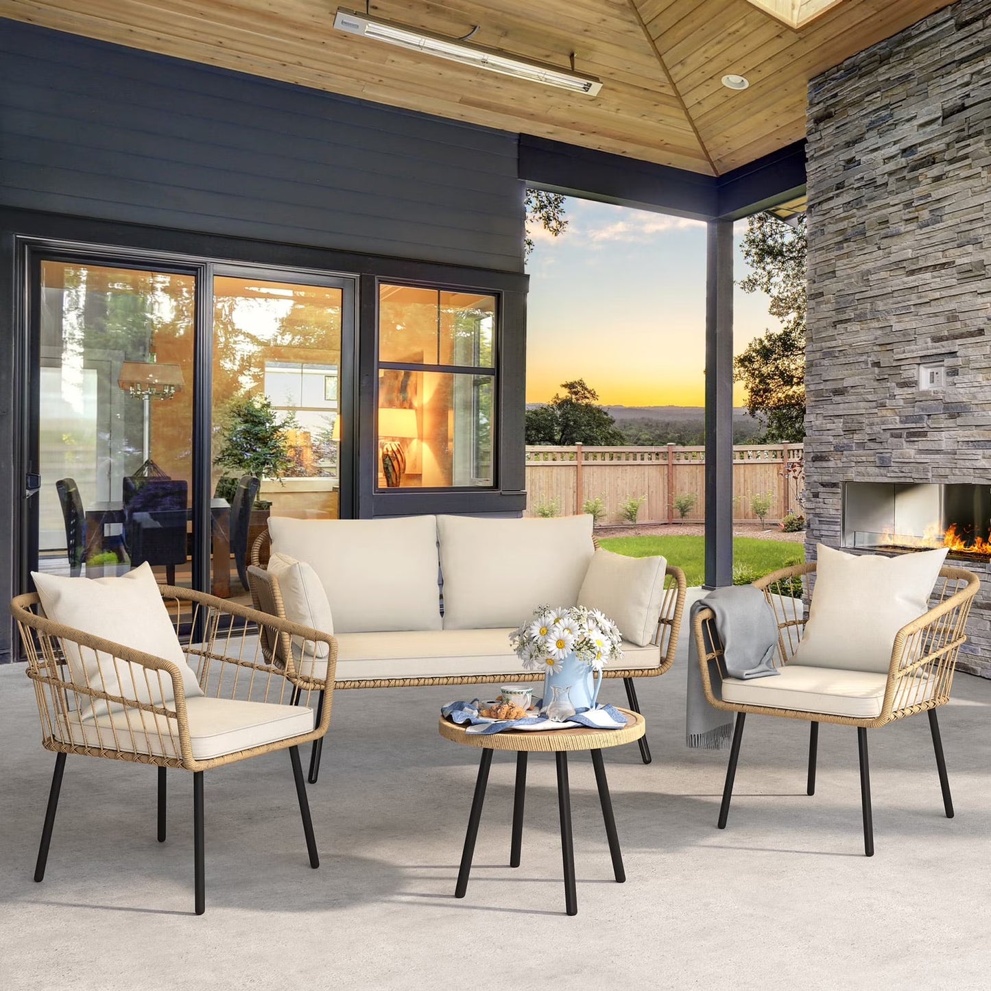 Dextrus 4-Piece Patio Furniture Wicker Outdoor Bistro Set, All-Weather Rattan Conversation Loveseat Chairs for Backyard, Balcony and Deck with Soft Cushions and Coffee Table - Gray
