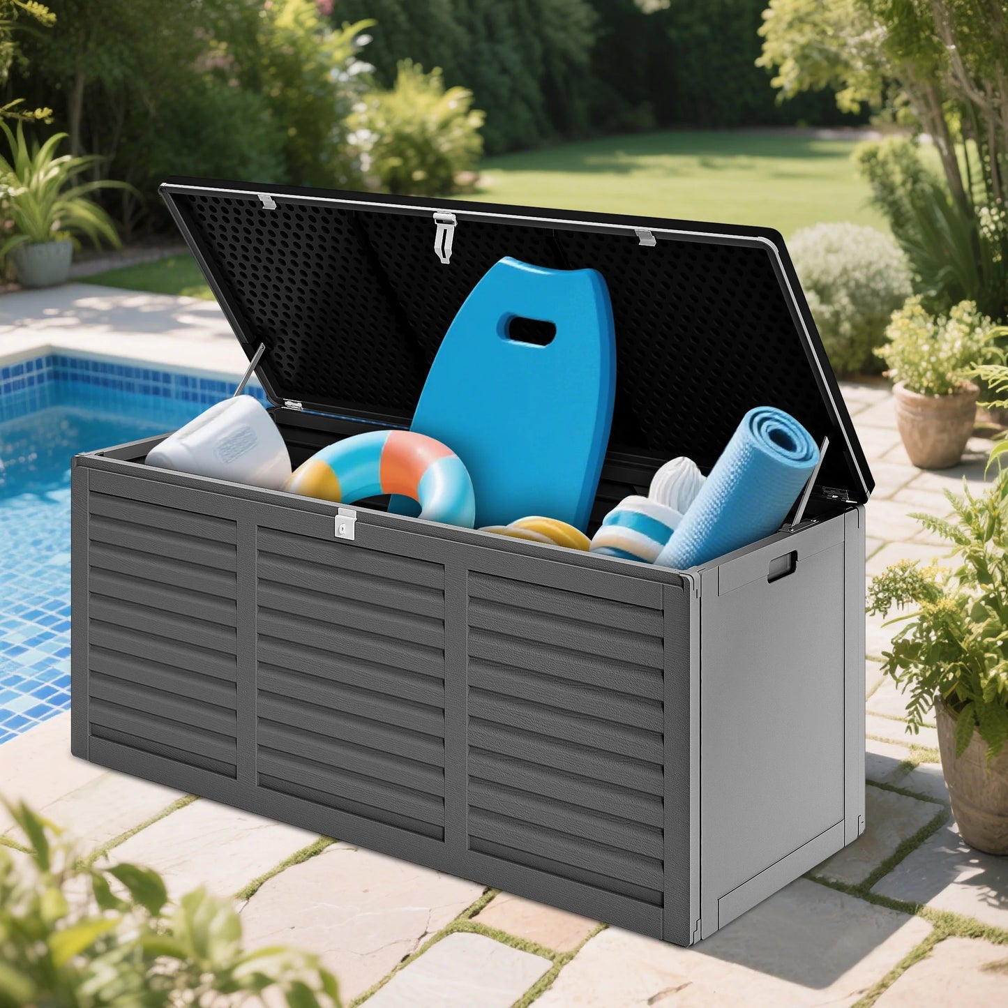 130 Gallon Resin Deck Box, Outdoor Lockable Storage Container for Patio Cushions, Garden Tools, Pool Supplies, Toys, Waterproof and UV Resistant, Reinforced Rib Design, Gray