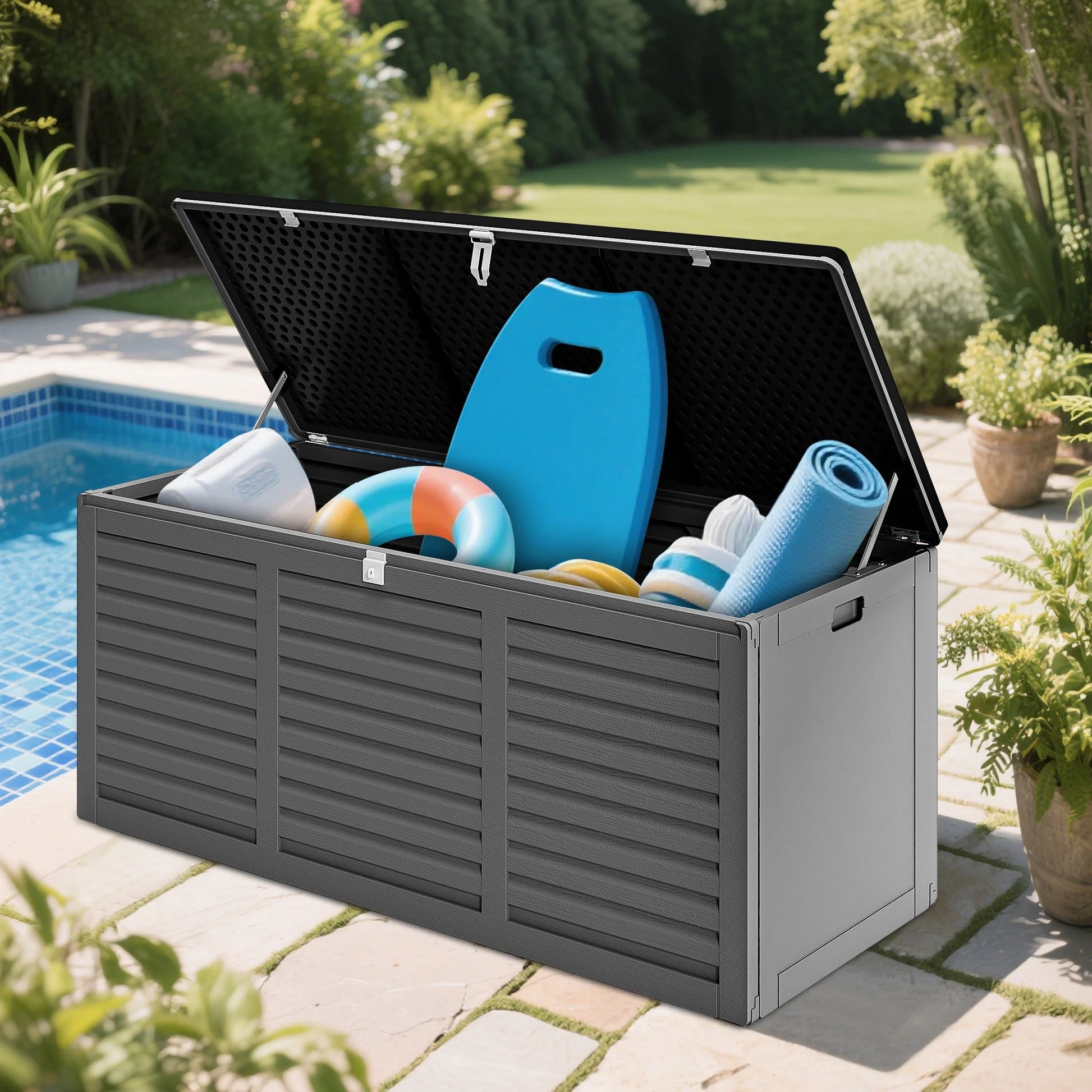 130 Gallon Resin Deck Box, Outdoor Lockable Storage Container for Patio Cushions, Garden Tools, Pool Supplies, Toys, Waterproof and UV Resistant, Reinforced Rib Design, Gray
