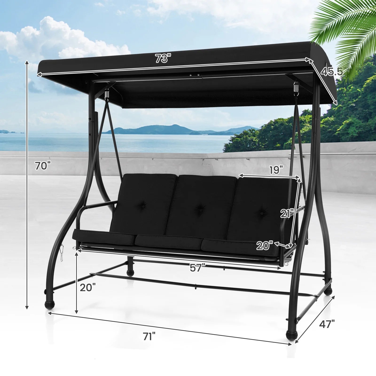 Costway 3-Seat Outdoor Converting Patio Swing Glider Adjustable Canopy Porch Swing Black