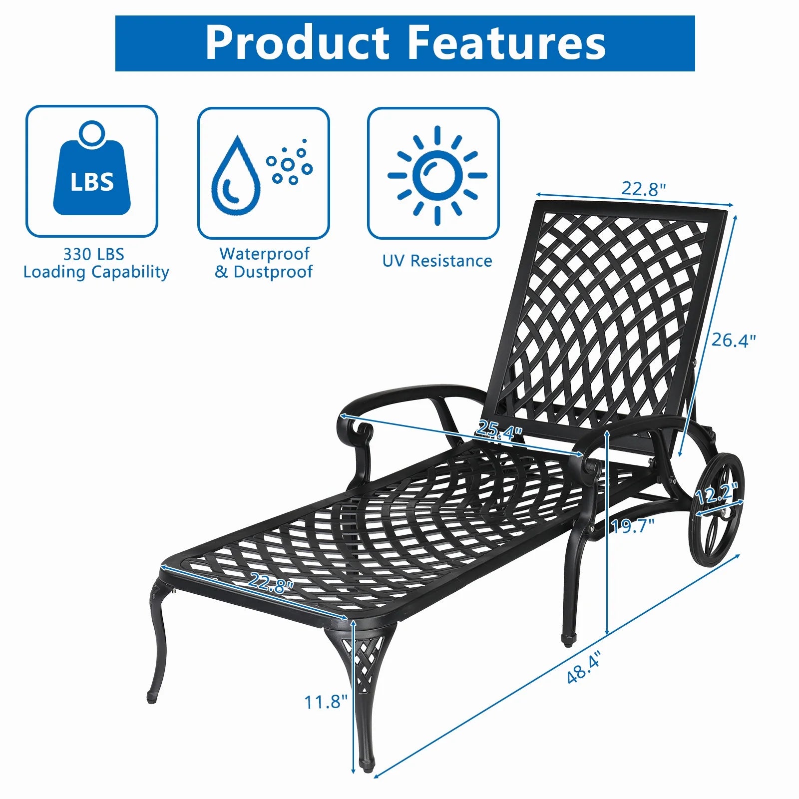 Zimtown Cast Aluminum Lounge Chair Adjustable Patio Recliner, Patio Chaise Chair, Heavy Duty Lying Bed for Garden, Poolside, Yard, Lawn, Black