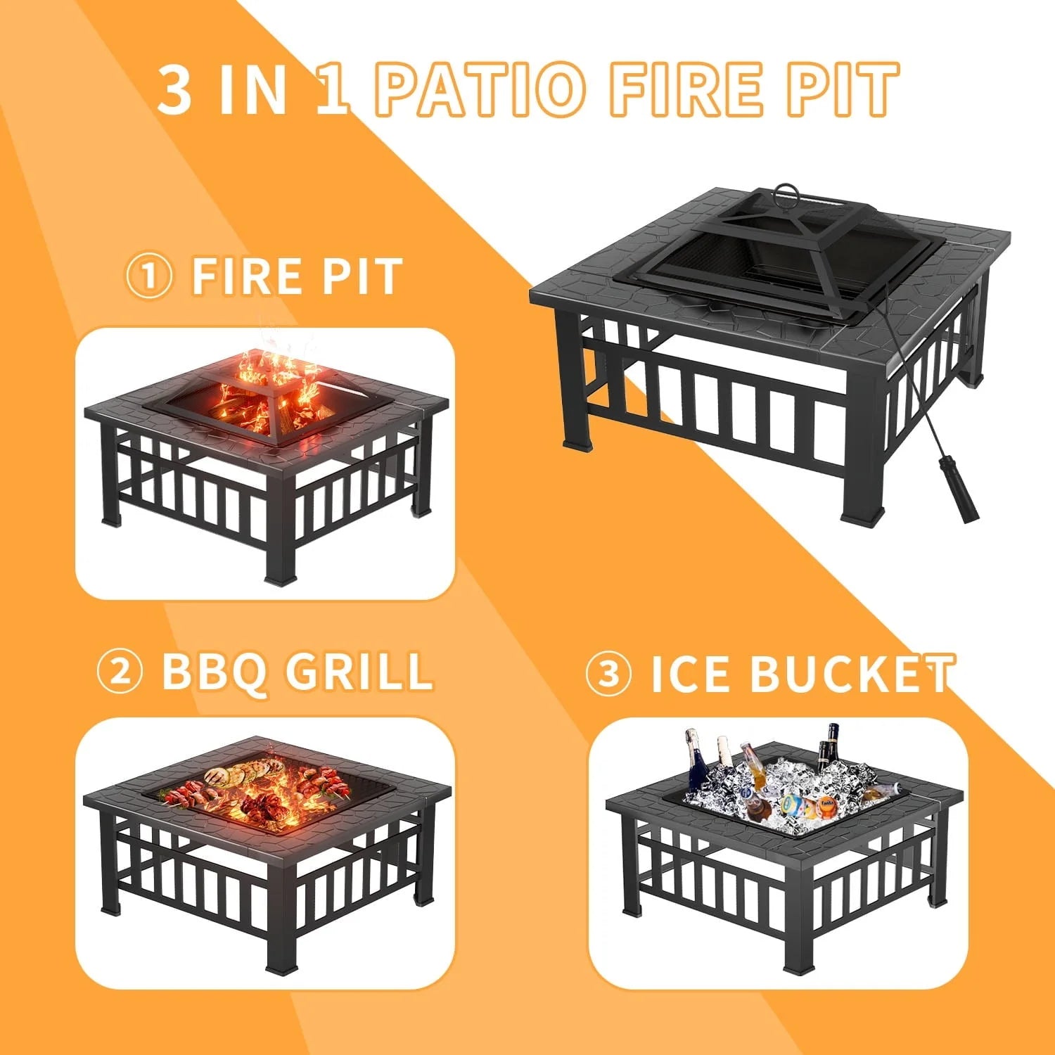 Lacoo 32" Patio Square Fire Pit Table for Patio Backyard BBQ, Ice Storage with Mesh Lid, Poker and Cover, Black