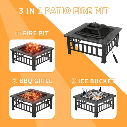 Lacoo 32" Patio Square Fire Pit Table for Patio Backyard BBQ, Ice Storage with Mesh Lid, Poker and Cover, Black