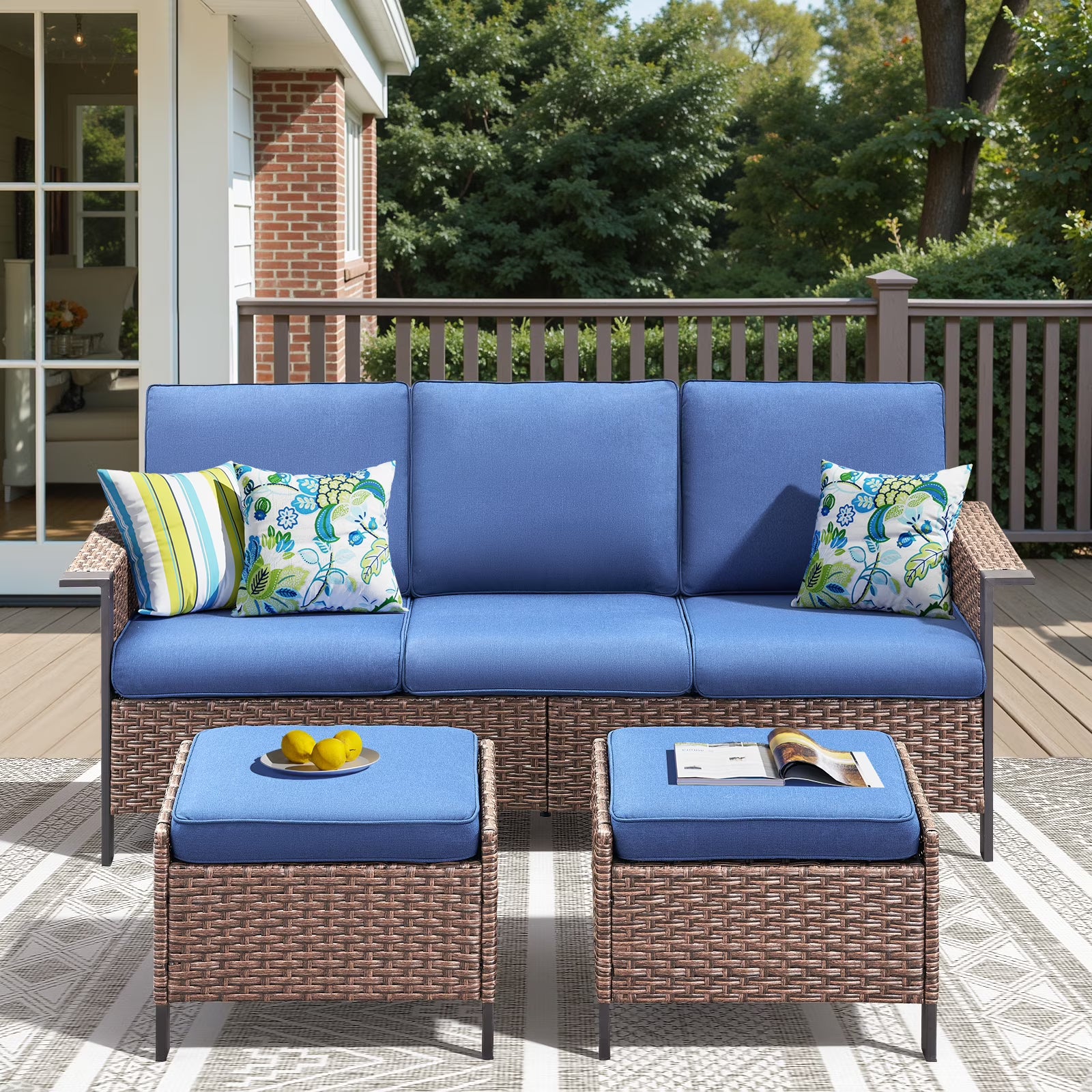 Opohoro 5-Piece Outdoor Conversation Set with Wide Armrest Patio Sofa, Ottomans and Swivel Rocking Chairs for Porch Garden