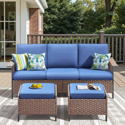 Opohoro 5-Piece Outdoor Conversation Set with Wide Armrest Patio Sofa, Ottomans and Swivel Rocking Chairs for Porch Garden