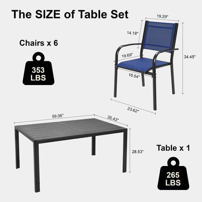 Patio Dining Set of 7, Outdoor Table and Chairs Textilene Design, Patio Furniture with Rectangle Plastic-wood Table, Space-saving Dining Table Set Stackable Design, Gray