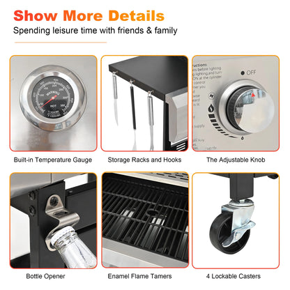 4-Burner Gas Grill with Side Burner, 51,000 BTU Propane BBQ Grill with Porcelain-Enameled Cast Iron Grates, Built-in Thermometer, Ideal for Patio Camping Outdoor Cooking