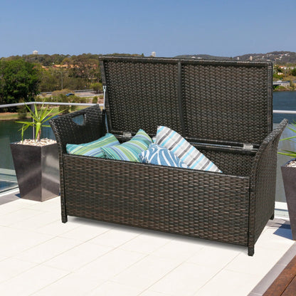 Ulax Furniture 27.6 Gallon Patio Wicker Storage Box, Outdoor Rattan Storage Bench Deck Bin with Cushion and Hydraulic Hinge Lid (Navy)