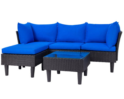 5 Pieces Patio Furniture Sets Outdoor Sectional Sofa Wicker Chair Rattan Conversation Set for Outdoor Backyard Porch Poolside Balcony Garden Furniture with Coffee Table,Blue Cushion
