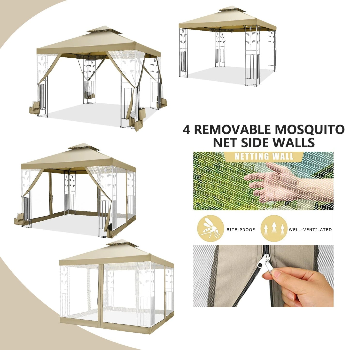 SANOPY 10'x 10' Metal Patio Gazebo, Outdoor Gazebo Canopy Tent for Backyard with Mesh Privacy Curtains, Gazebos Shelter with Display Shelves, Steel Frame, Patio Covers for Shade and Rain