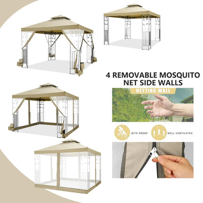 SANOPY 10'x 10' Metal Patio Gazebo, Outdoor Gazebo Canopy Tent for Backyard with Mesh Privacy Curtains, Gazebos Shelter with Display Shelves, Steel Frame, Patio Covers for Shade and Rain