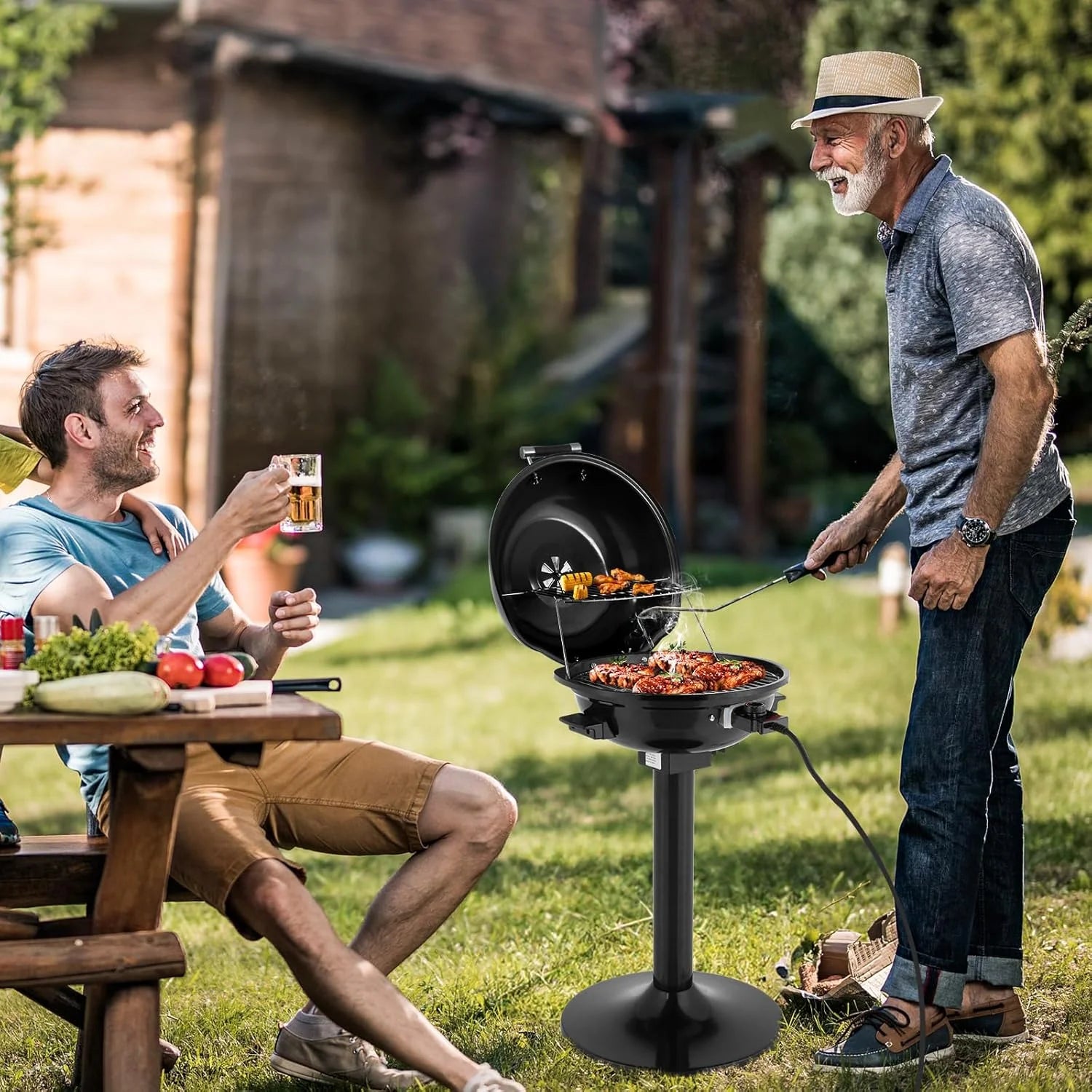 NALYL Indoor/Outdoor Electric Grill, 1600W Portable Removable Stand Grill with Double Layer Design for Countertops, BBQ, Patio & Backyard (Black)