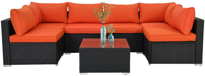 ESSENTIAL LOUNGER 7 Pieces Patio Conversation Set, Outdoor Sectional Sofa PE Rattan Wicker Patio Furniture Set with Cushion and Tempered Glass Table for Patio, Garden& Poolside, Orange