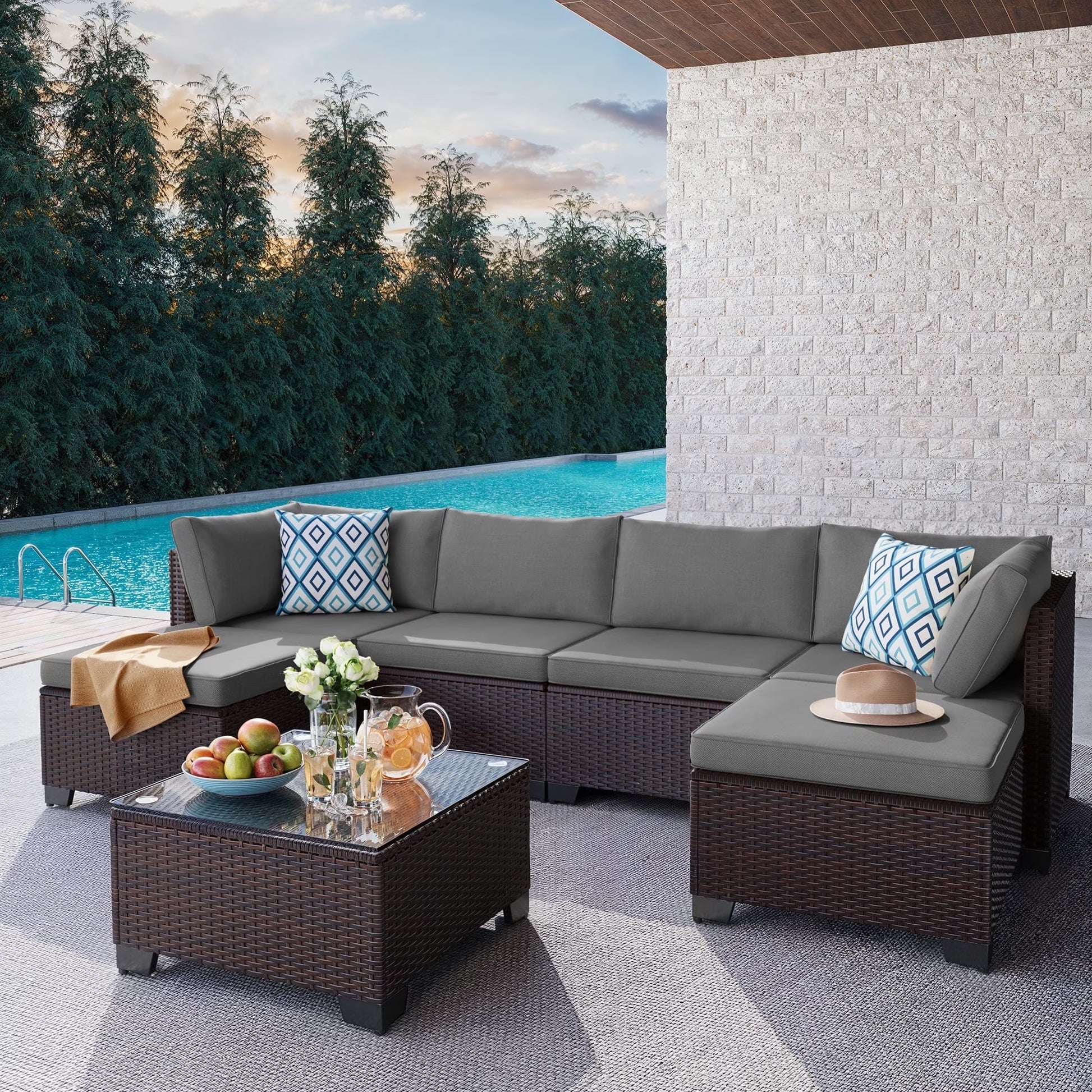 7 Piece Outdoor Patio Furniture Set, Asofer Rattan Wicker Outdoor Conversation Sectional Sofa Set, Gray