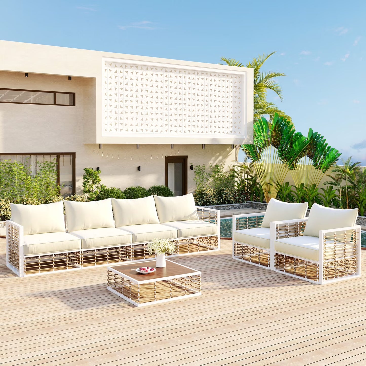 7 Pieces Metal Patio Sectional Furniture Set , Modern Minimalist Rattan Sofa Set with Thick Cushions and Coffee Table, All Weather Outdoor Patio Conversation Sets for Garden, Poolside, Backyard, Gray