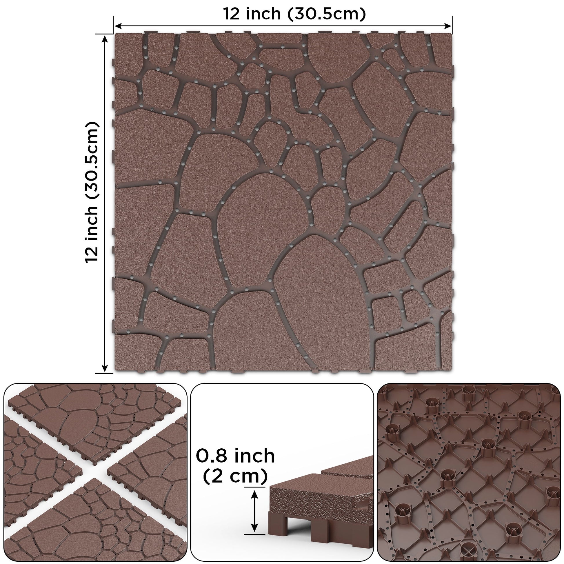 Miniyam 44 Pcs 12"x12" Interlocking Deck Tiles, Rubber Flooring, Patio Decking, Poolside, Dark Gray+Stone Texture