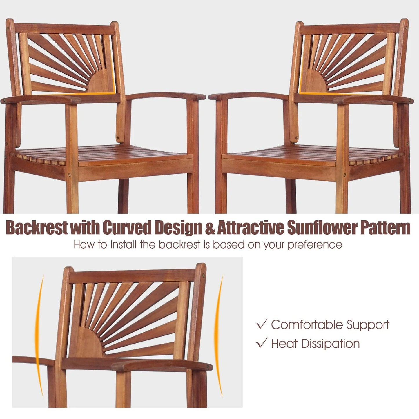 Giantex Patio Bar Stools Set of 4, Outdoor Acacia Wood Bar Chairs with Sunflower Backrest, Curved Armrests & Breathable Seat, Ideal for Balcony, Sunroom, Patio, Easy Assembly