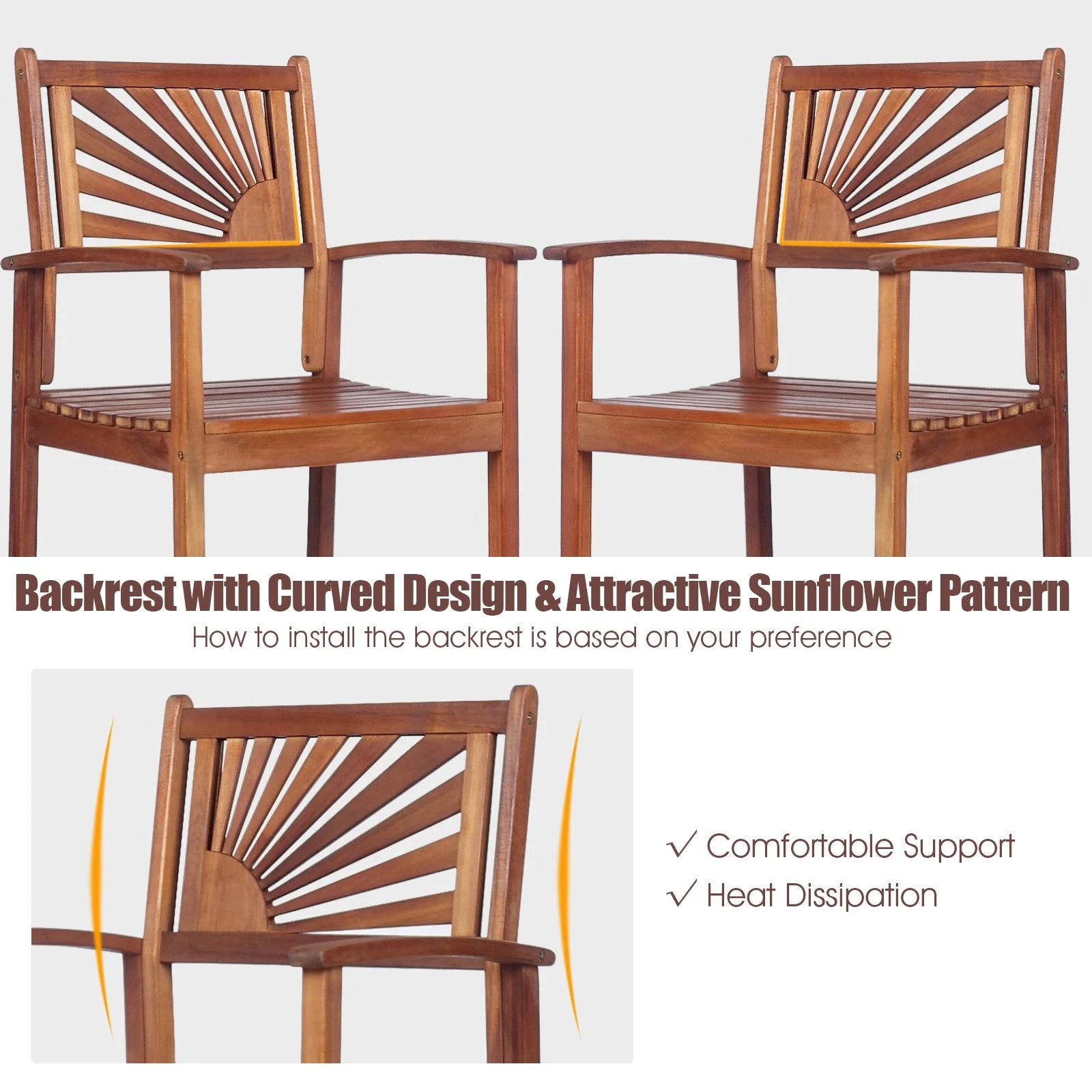 Giantex Patio Bar Stools Set of 4, Outdoor Acacia Wood Bar Chairs with Sunflower Backrest, Curved Armrests & Breathable Seat, Ideal for Balcony, Sunroom, Patio, Easy Assembly