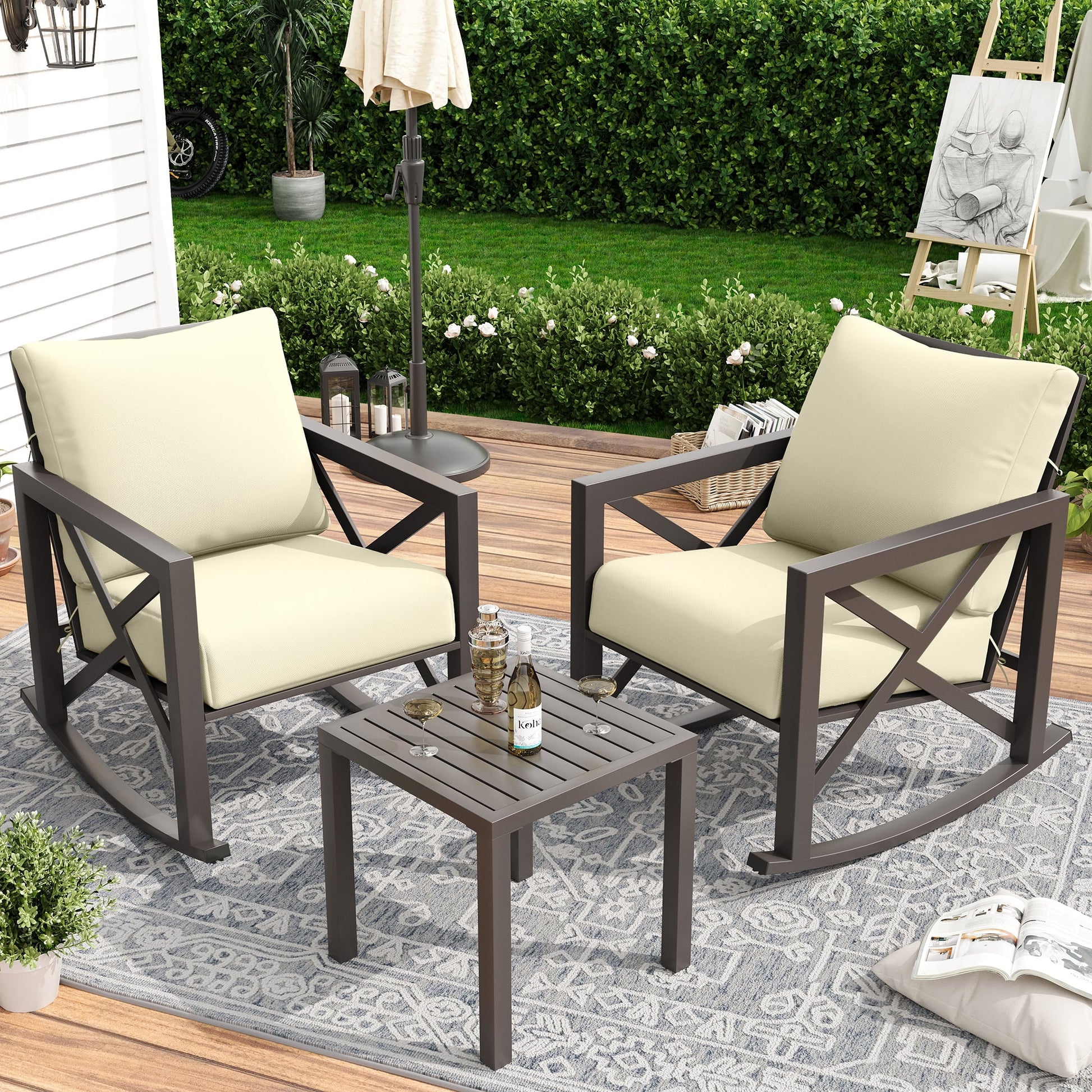 MRUAKA Rocking Chair Bistro Set,3 Piece Outdoor Patio Furniture Set with 2 Rockers and 1 Metal Coffee Table with Thick Cushions for Porch,Backyard,Poolside,Beige