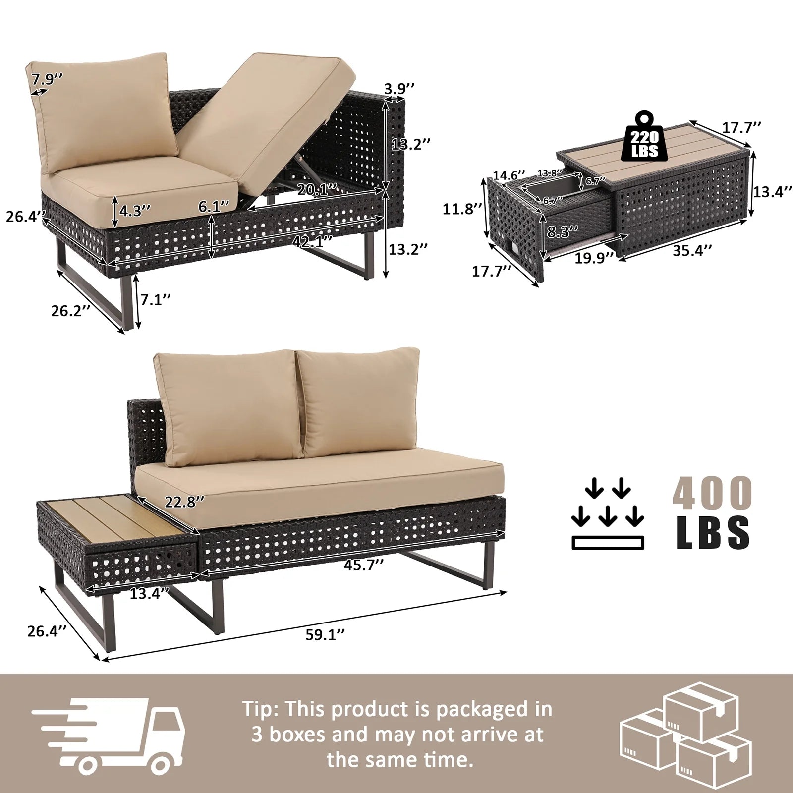 6-Piece Outdoor Sectional Furniture Set for Patio, Expandable Coffee Table w/Ice Bucket & Collapsible Seat, Deep Cushions - Khaki