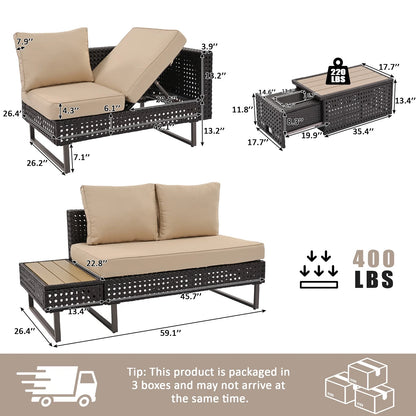 6-Piece Outdoor Sectional Furniture Set for Patio, Expandable Coffee Table w/Ice Bucket & Collapsible Seat, Deep Cushions - Khaki