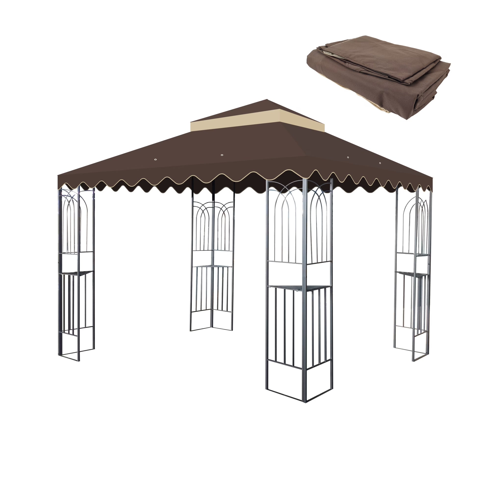 10x10 Ft Outdoor Patio Gazebo Replacement Canopy,Double Tiered Gazebo Tent Roof Top Cover Only wavy border(Frame Not Include)-BROWN